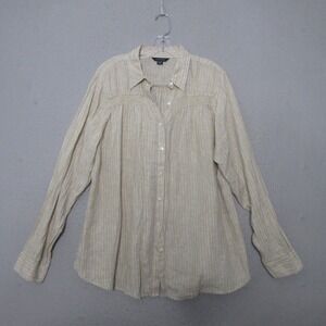 Lands End Top Women 1X Tan Strip Button Linen Smocked Coastal Beachy Airy Preppy